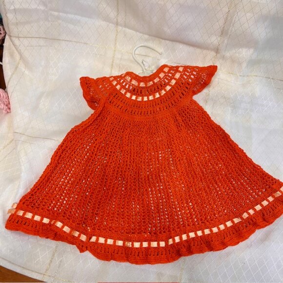 VTG Baby Girl Crochet Dress, Vintage Crochet Infant Dress Orange Baby Clothes - Picture 3 of 9